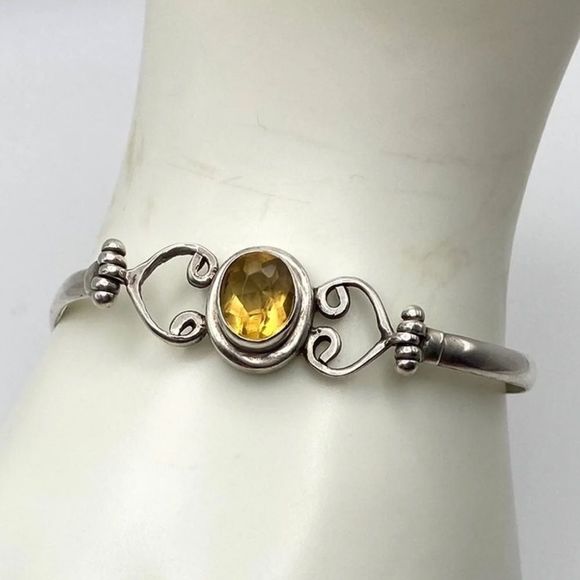 VINTAGE Sterling Silver 925 Faceted Citrine Bangle Bracelet - Picture 2 of 4